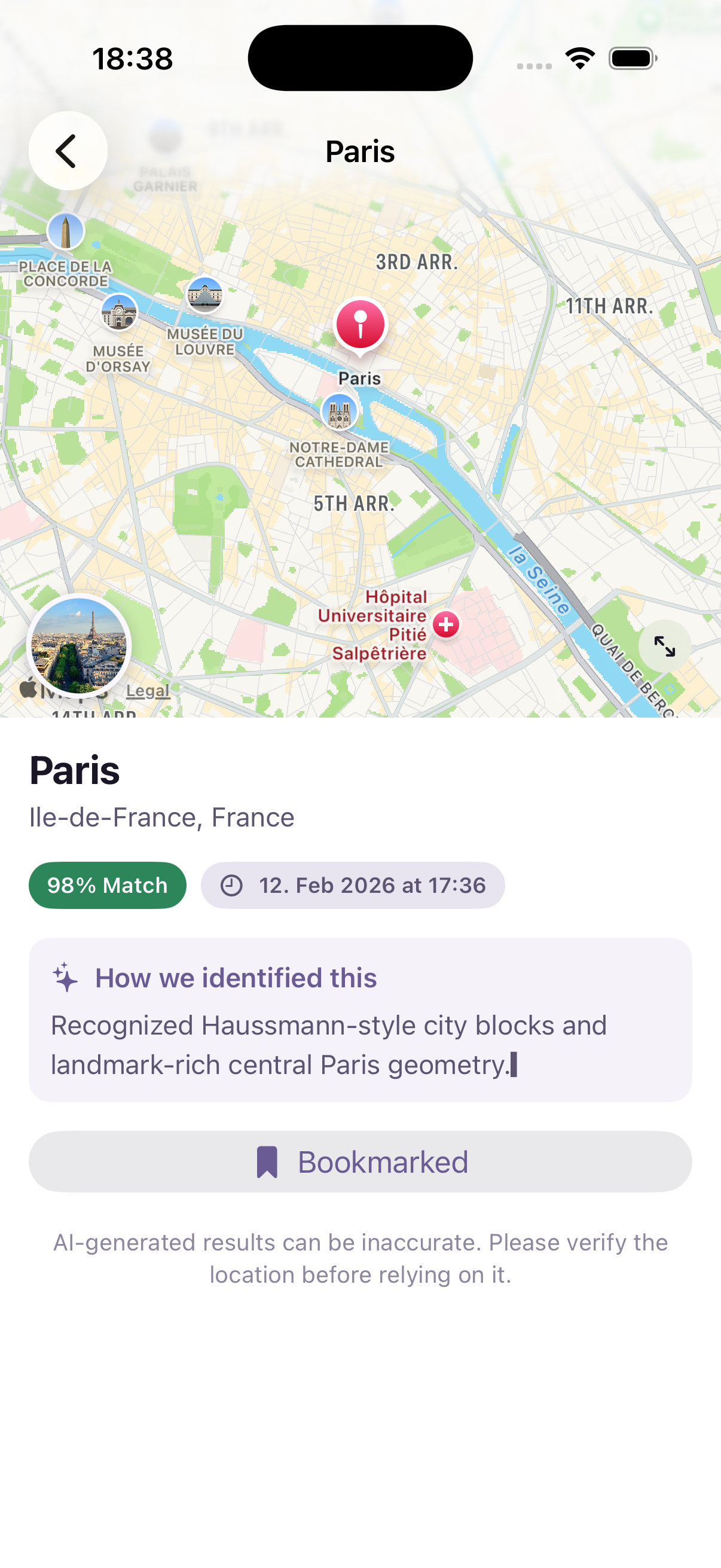 peek.ai.boo result screen showing Paris identified with 98% confidence